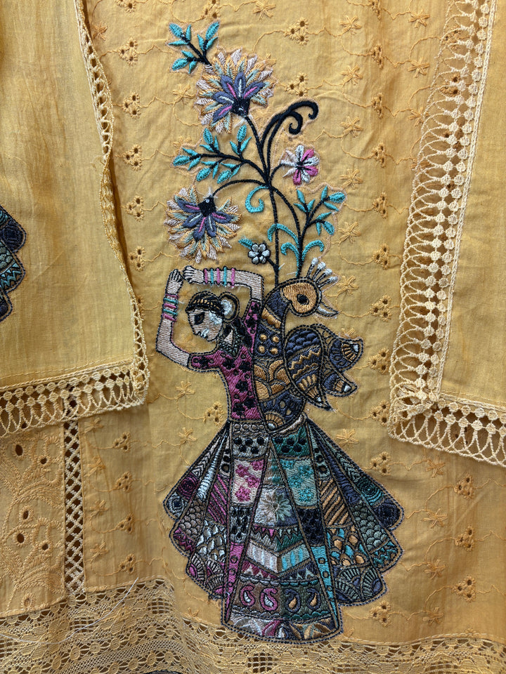 Yellow Hakuba Cotton Suit with Embroidery &amp; Lace Detailing