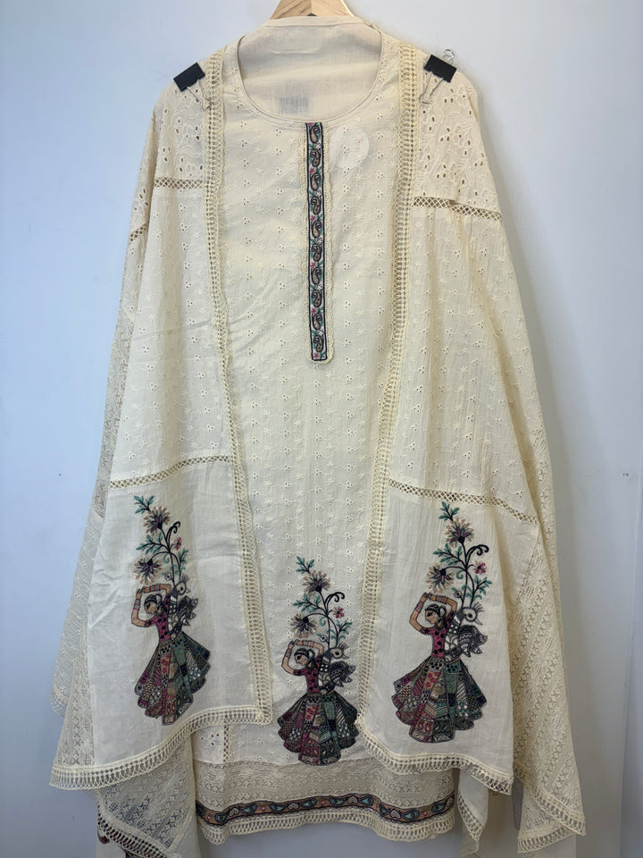 Beige Hakuba Cotton Suit with Embroidery &amp; Lace Detailing