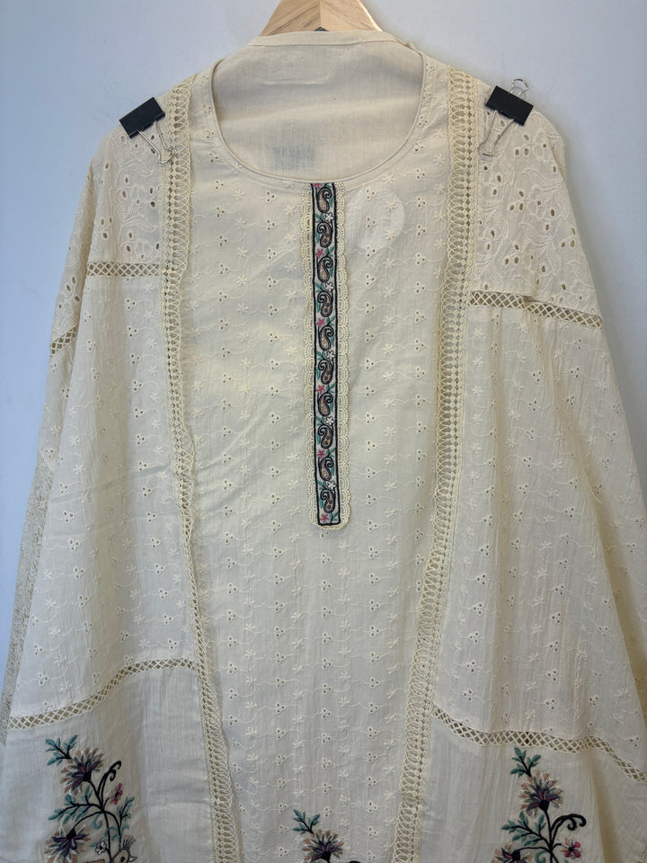 Beige Hakuba Cotton Suit with Embroidery &amp; Lace Detailing