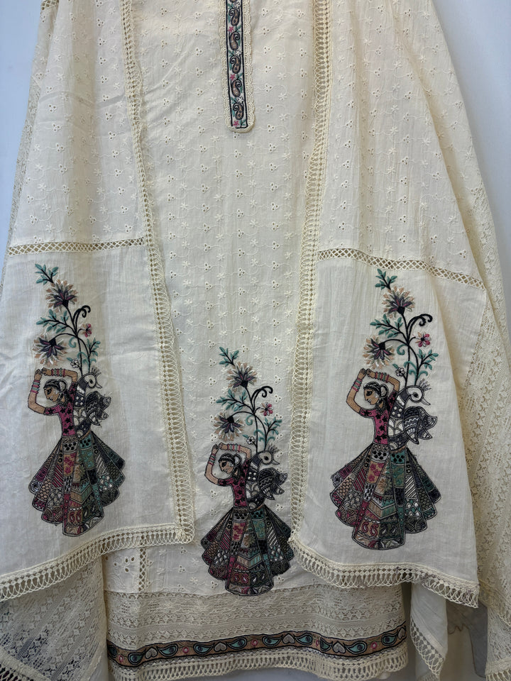 Beige Hakuba Cotton Suit with Embroidery &amp; Lace Detailing