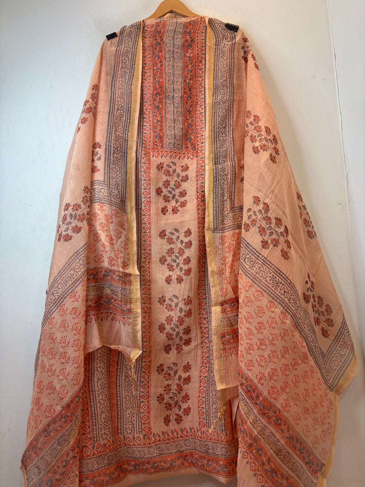 Orange Mul Chanderi Hand Block Printed Suit Set ML06