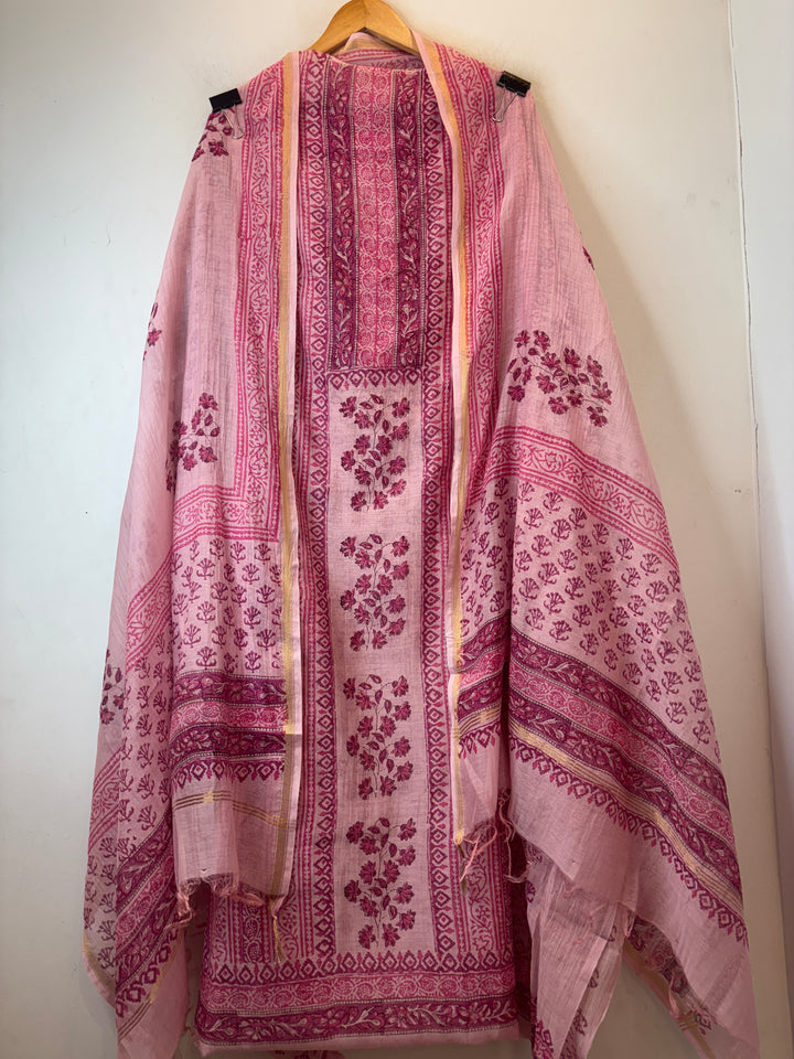 Pink Mul Chanderi Hand Block Printed Suit Set ML05