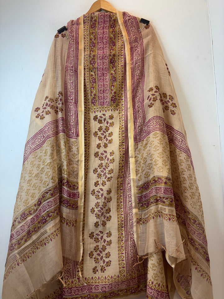 Brown Mul Chanderi Hand Block Printed Suit Set ML07