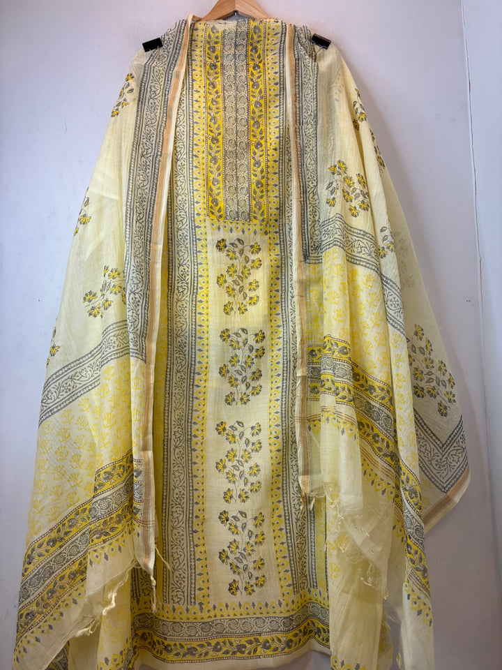 Yellow Mul Chanderi Hand Block Printed Suit Set ML01
