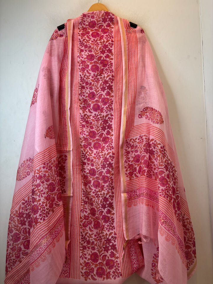 Dark Pink Mul Chanderi Hand Block Printed Suit Set ML08
