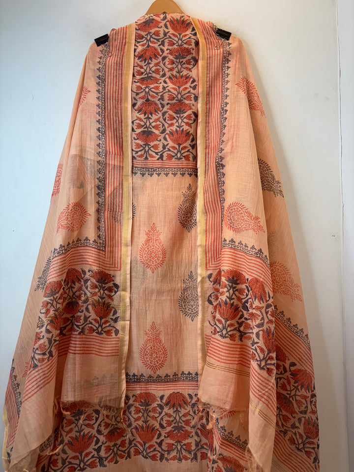 Peach Mul Chanderi Hand Block Printed Suit Set ML04