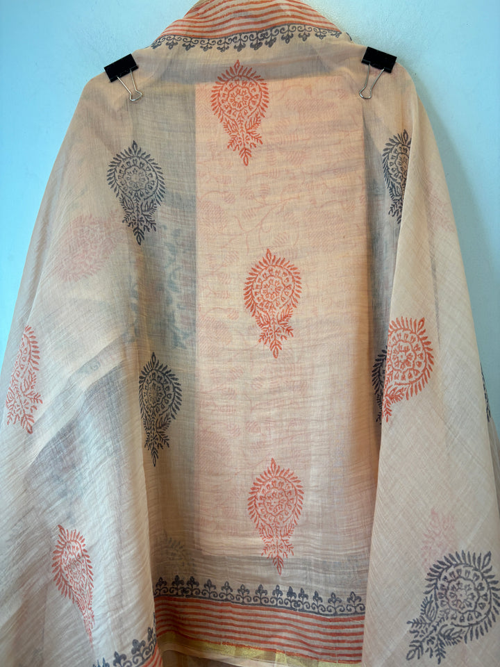 Peach Mul Chanderi Hand Block Printed Suit Set ML04
