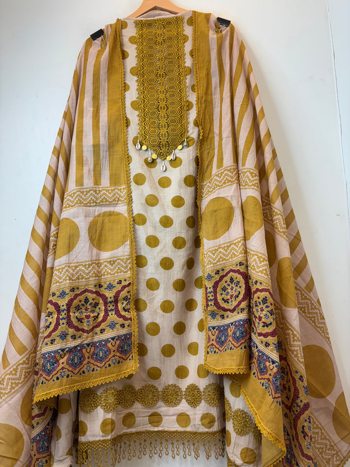 Polka – Mustard Yellow Mul Cotton Polka Lace Suit