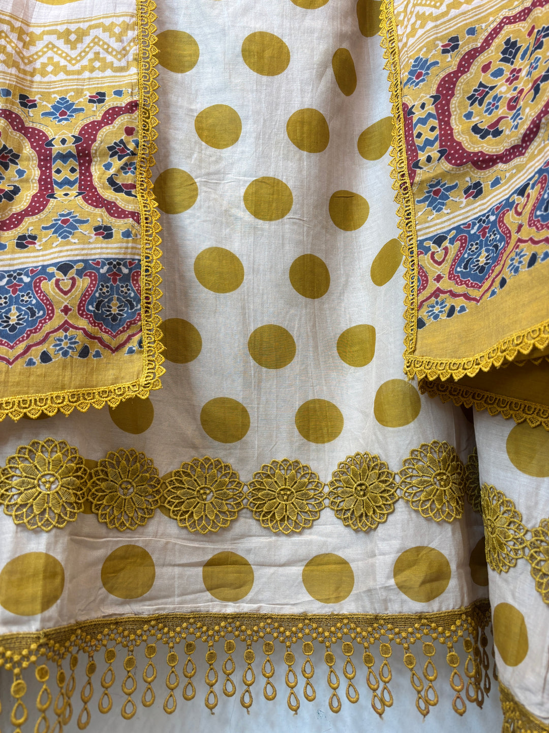 Polka – Mustard Yellow Mul Cotton Polka Lace Suit
