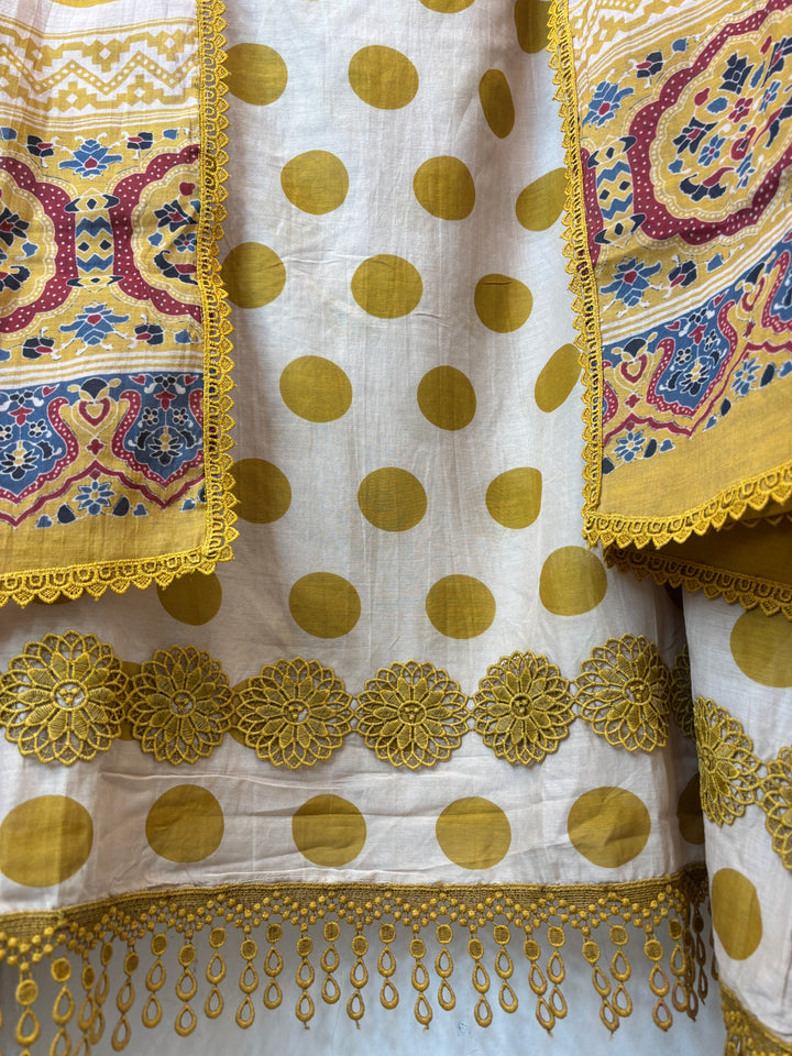 Polka – Mustard Yellow Mul Cotton Polka Lace Suit