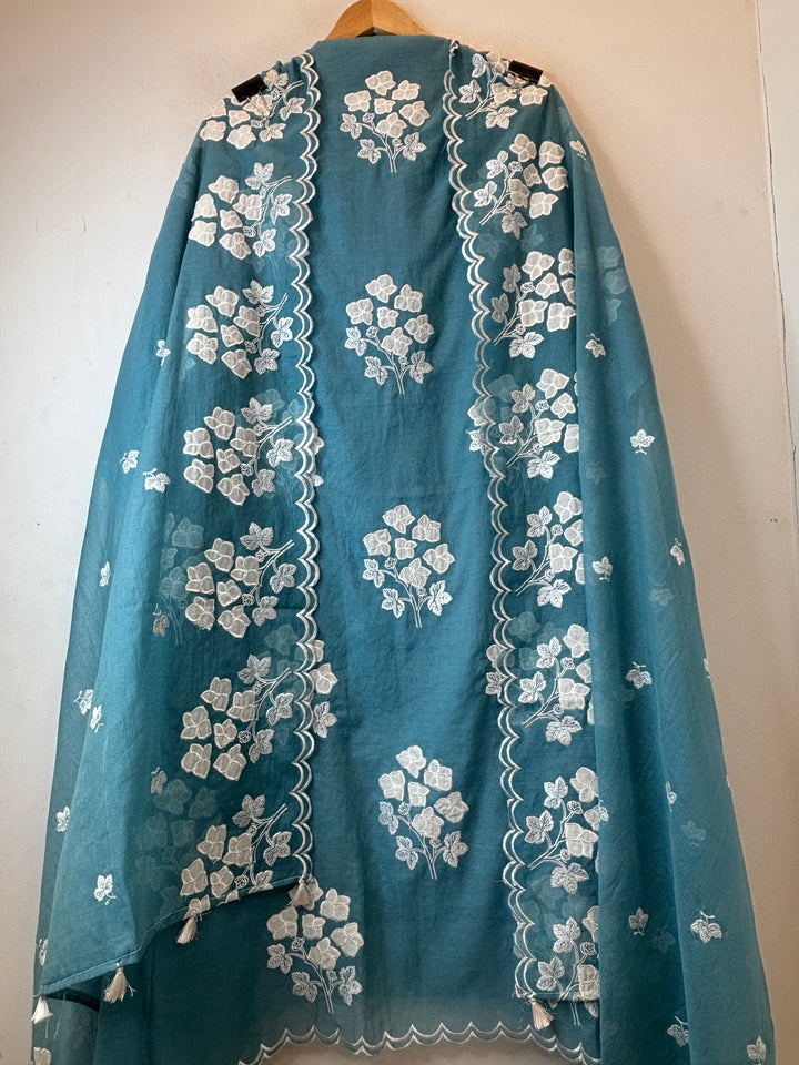 Afsana – Teal Blue Mul Chanderi Appliqué Suit