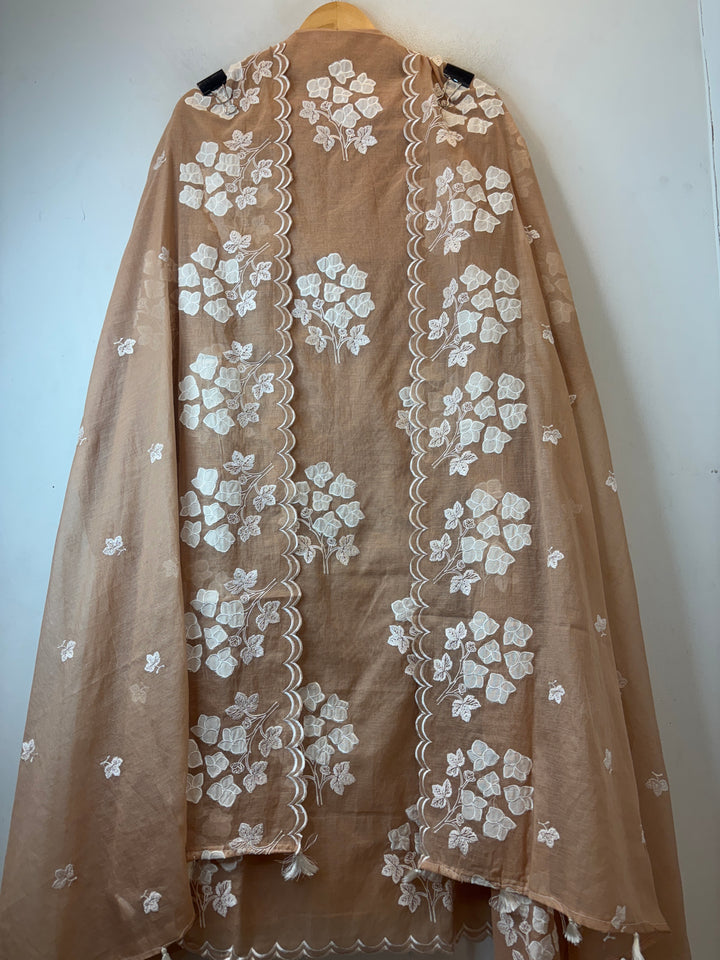 Afsana – Camel Beige Mul Chanderi Appliqué Suit