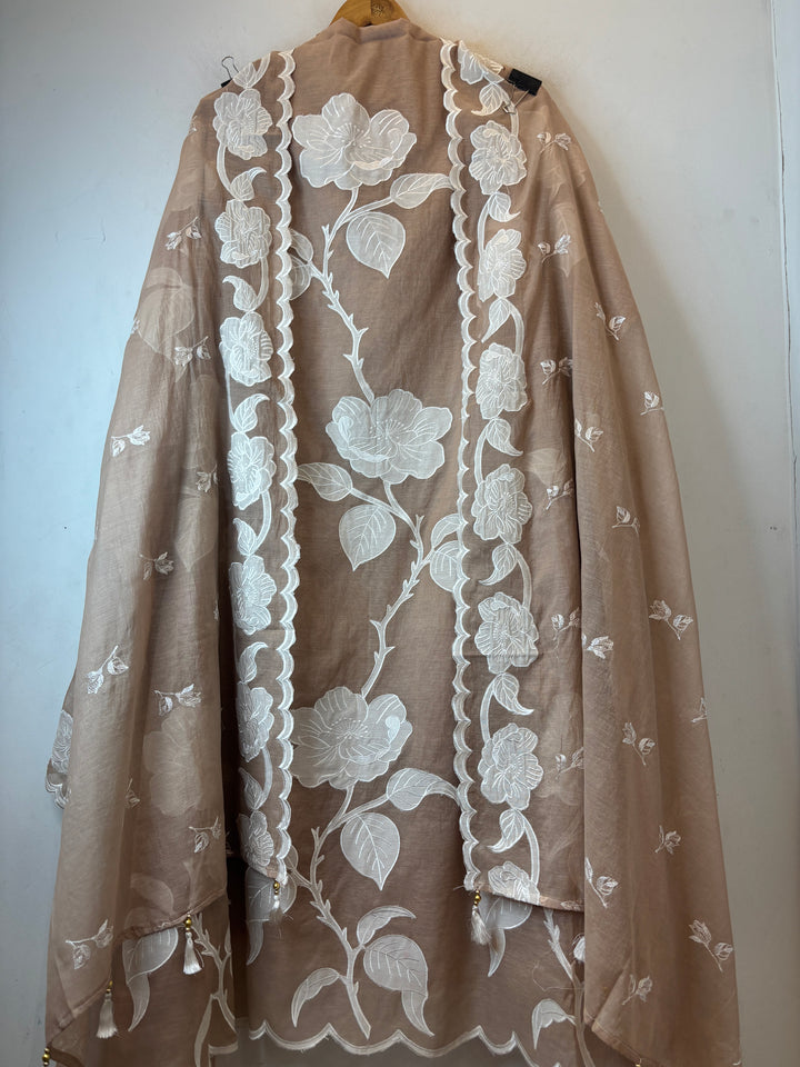 Noorika – Beige Mul Chanderi Appliqué Elegance Suit