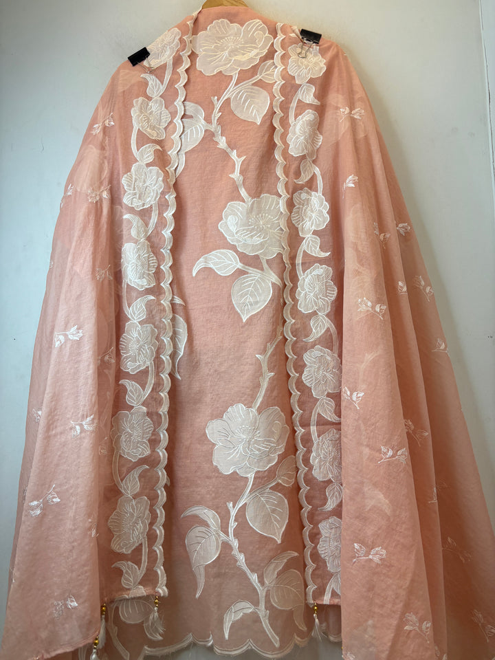 Noorika – Peach Mul Chanderi Appliqué Elegance Suit