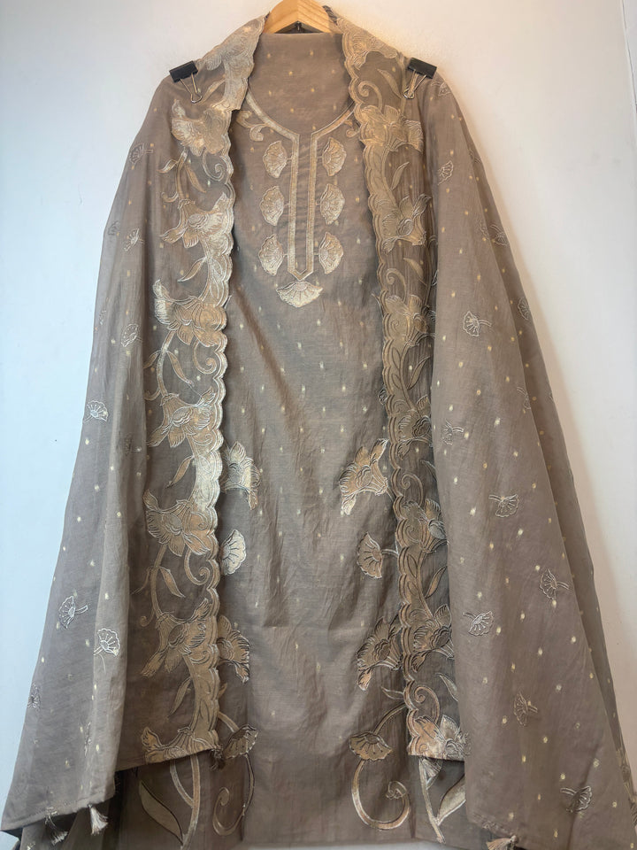 Zareen – Smoky Brown Grey Mul Chanderi Appliqué Heritage Suit
