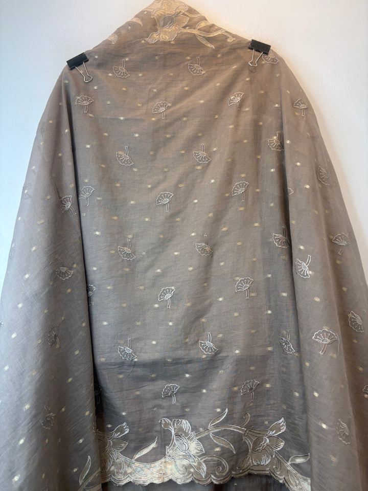 Zareen – Smoky Brown Grey Mul Chanderi Appliqué Heritage Suit