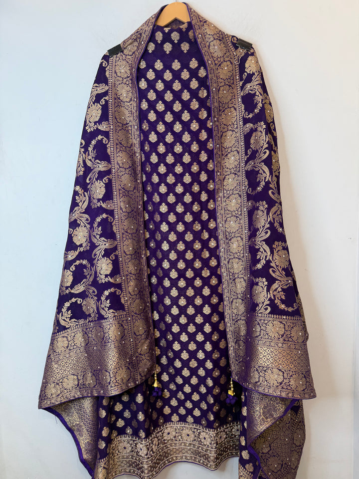 Zareya – Purple Khadi Georgette &amp; Brocade Handwork Suit