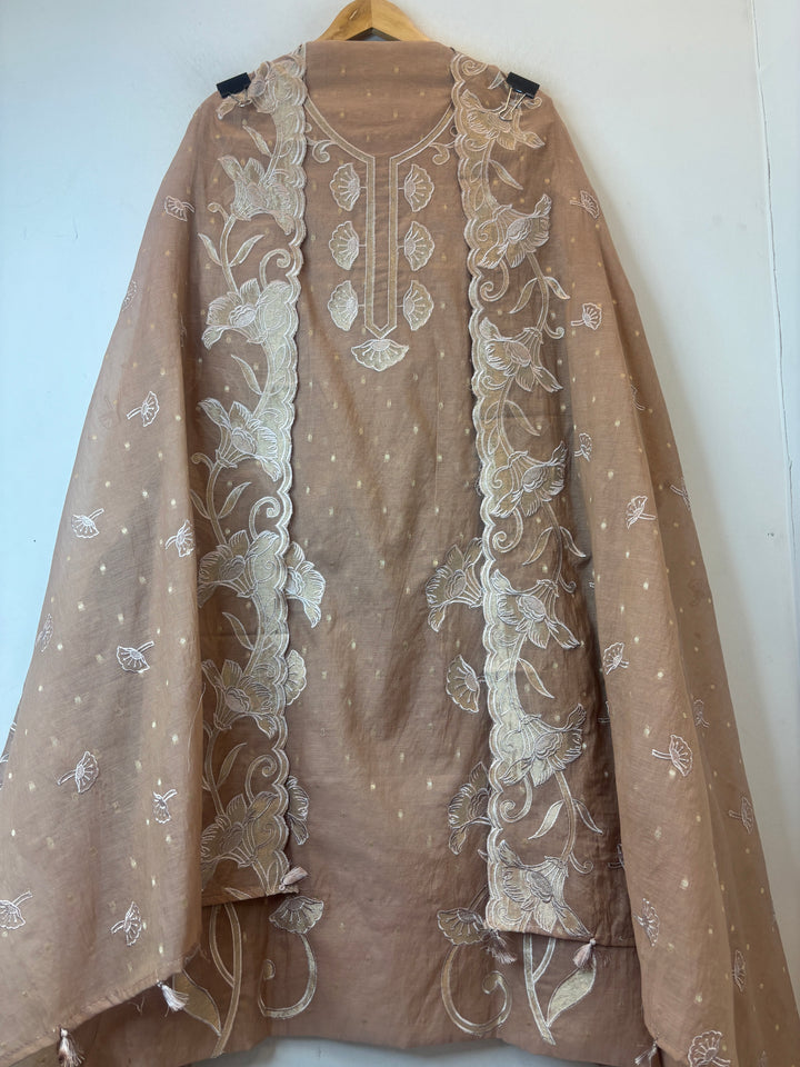 Zareen – Nude Beige Mul Chanderi Appliqué Heritage Suit