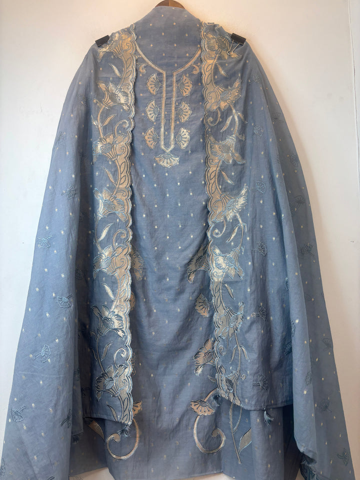 Zareen – Dusti Blue Mul Chanderi Appliqué Heritage Suit