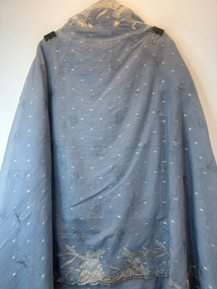 Zareen – Dusti Blue Mul Chanderi Appliqué Heritage Suit