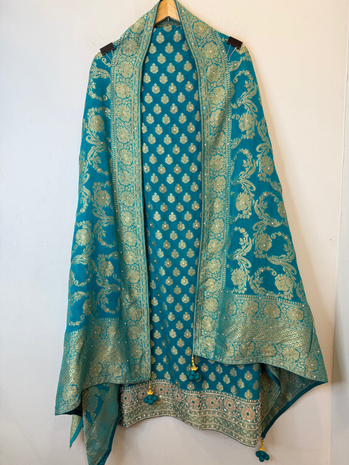 Zareya – Blue Khadi Georgette &amp; Brocade Handwork Suit