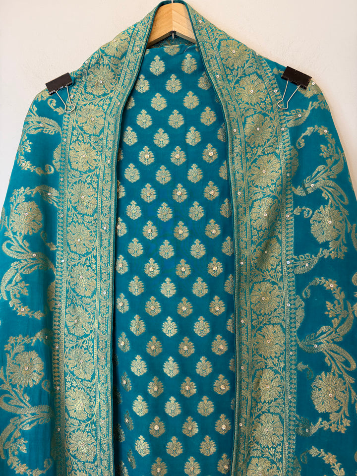 Zareya – Blue Khadi Georgette &amp; Brocade Handwork Suit