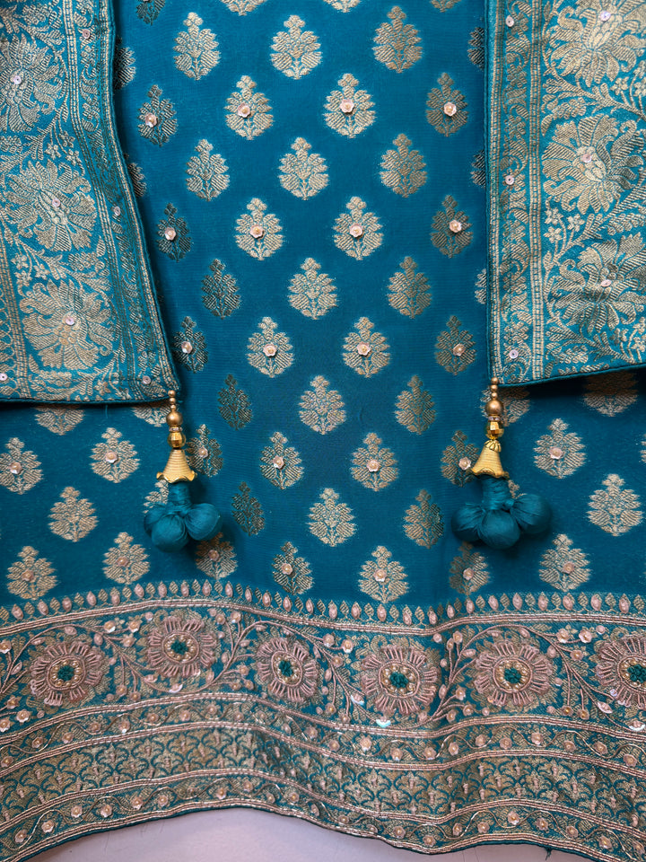 Zareya – Blue Khadi Georgette &amp; Brocade Handwork Suit