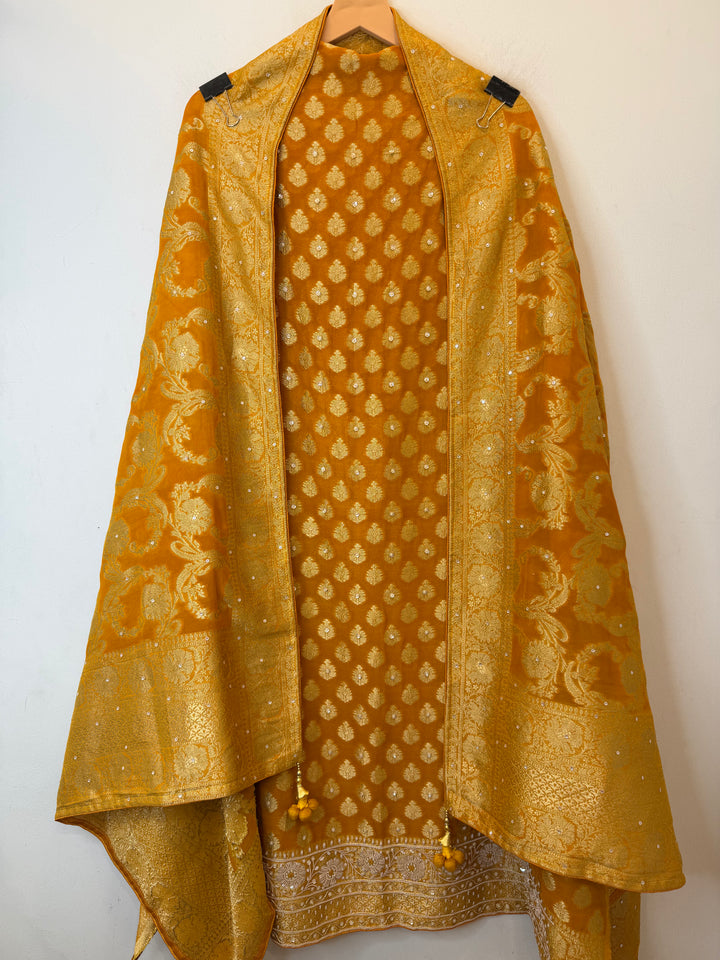 Zareya – Yellow Khadi Georgette &amp; Brocade Handwork Suit