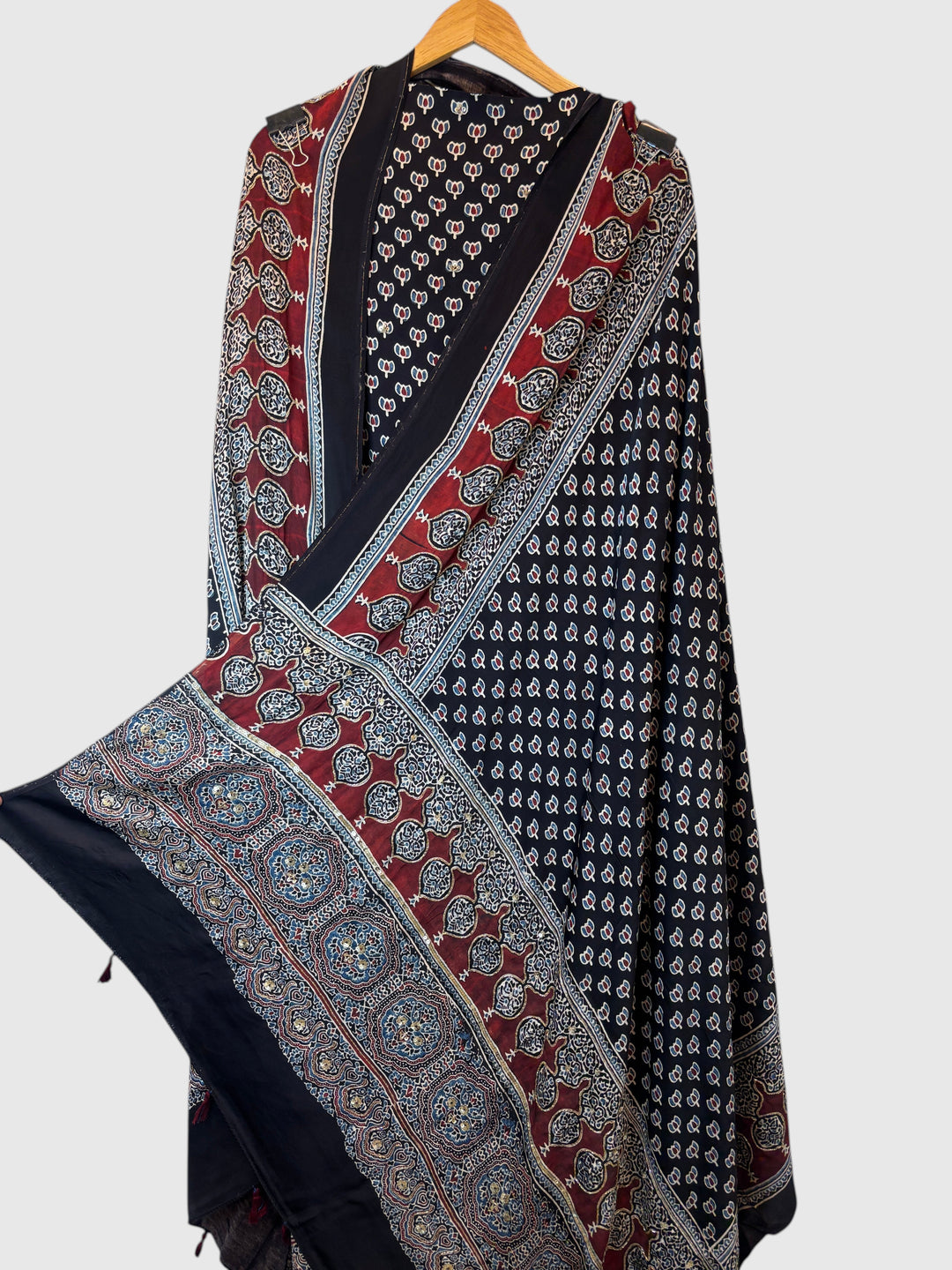 Black Pure Ajrakh Modal Suit Set with Mirror &amp; Lotus Handwork