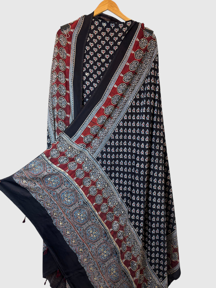 Black Pure Ajrakh Modal Suit Set with Mirror &amp; Lotus Handwork