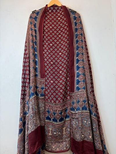 Maroon Pure Ajrakh Modal Suit Set with Mirror & Lotus Handwork