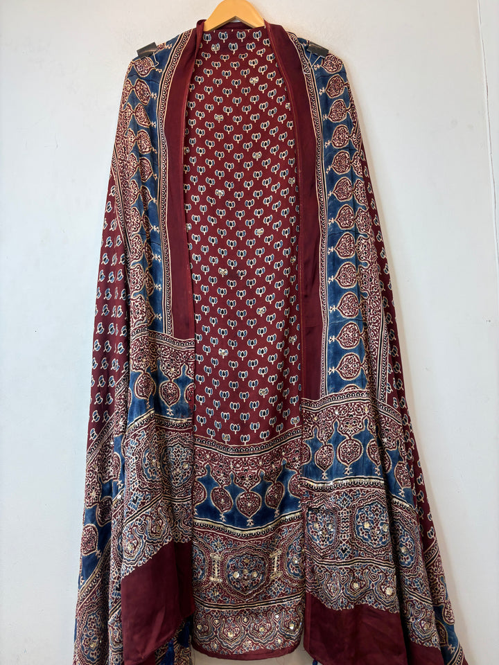 Maroon Pure Ajrakh Modal Suit Set with Mirror &amp; Lotus Handwork
