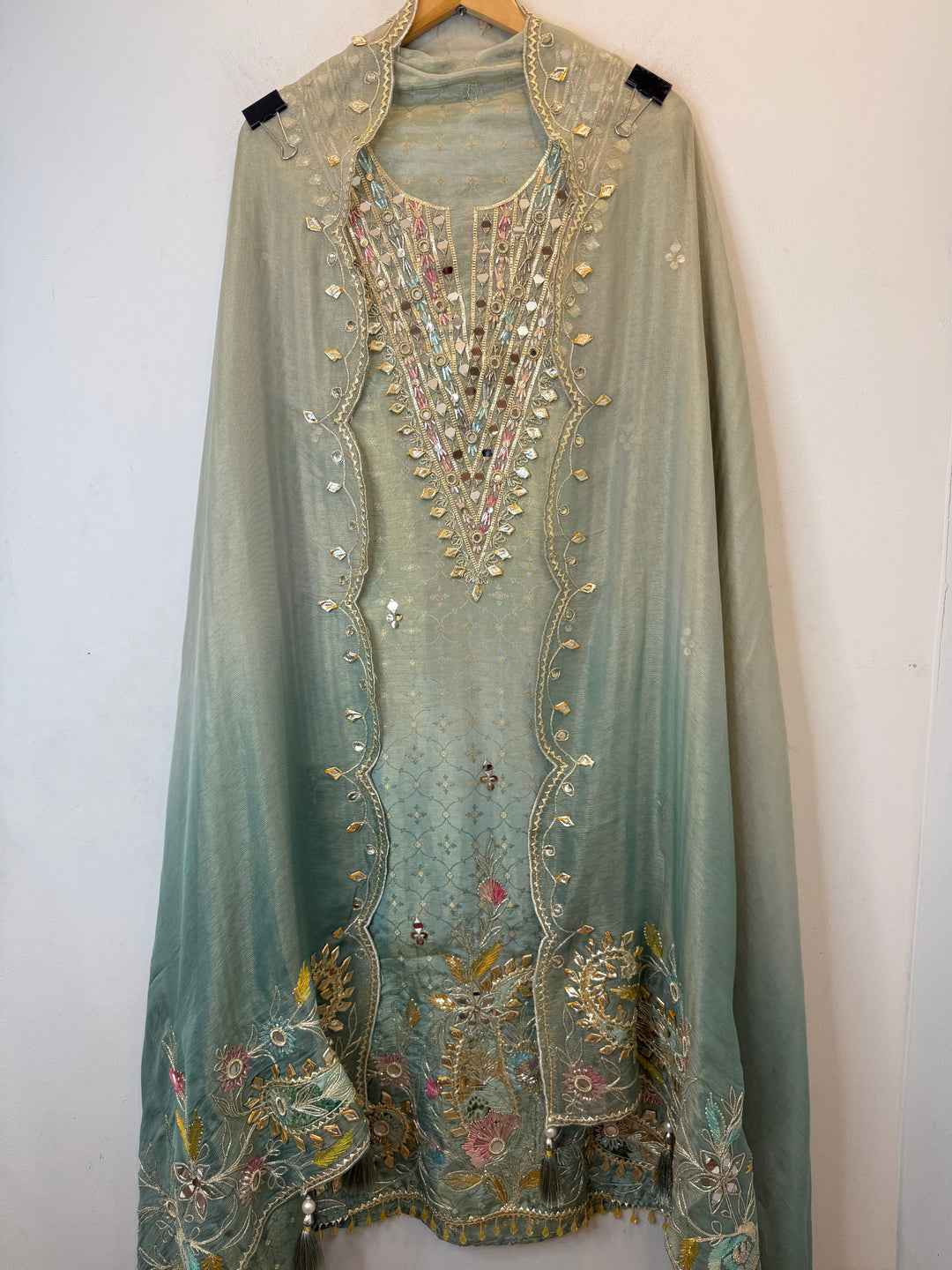 Omira – Green Ombre Tissue Gota Mirror Suit