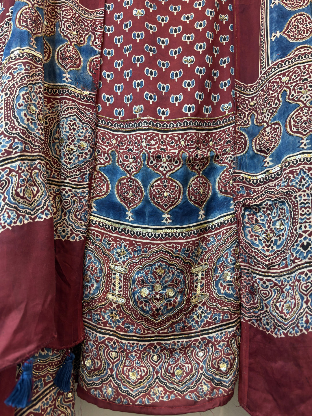 Maroon Pure Ajrakh Modal Suit Set with Mirror &amp; Lotus Handwork