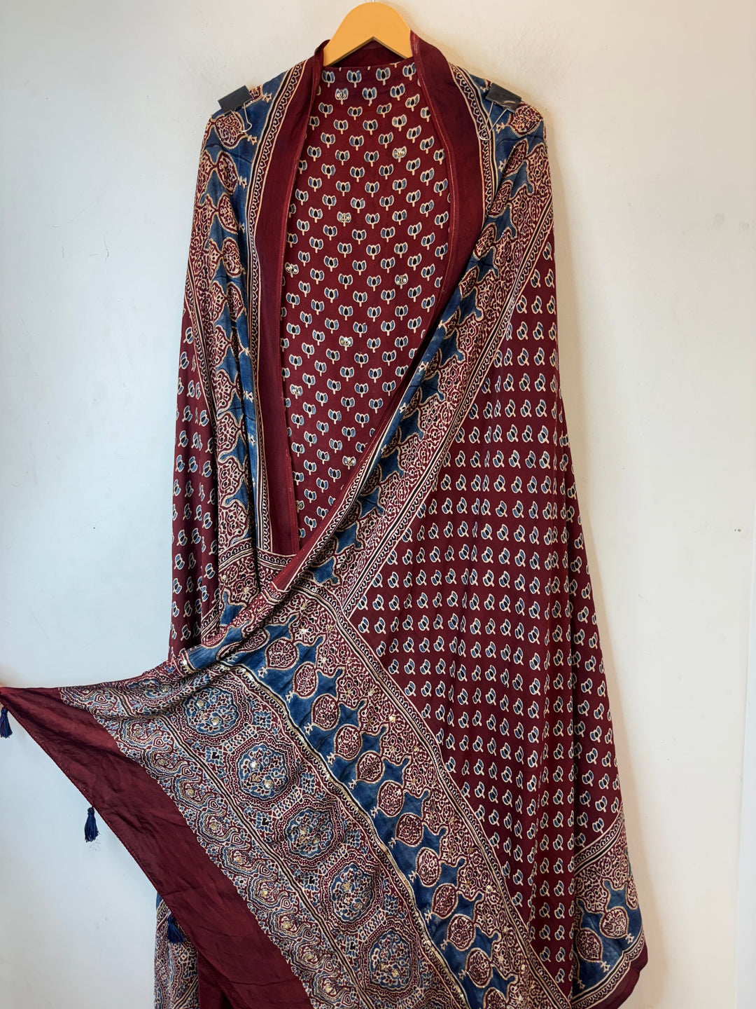 Maroon Pure Ajrakh Modal Suit Set with Mirror &amp; Lotus Handwork