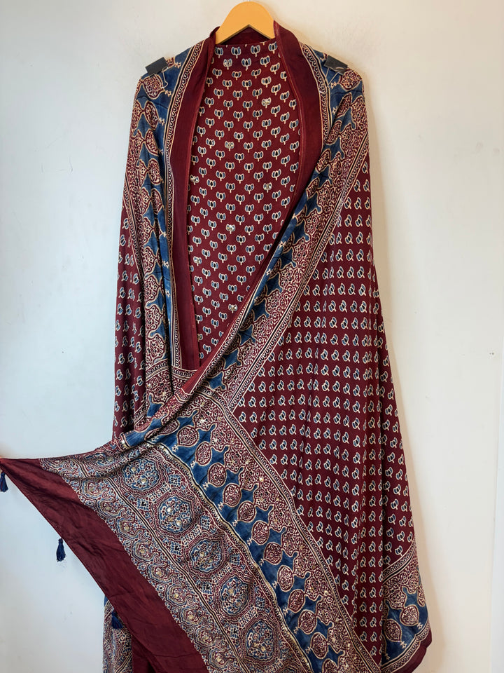 Maroon Pure Ajrakh Modal Suit Set with Mirror &amp; Lotus Handwork