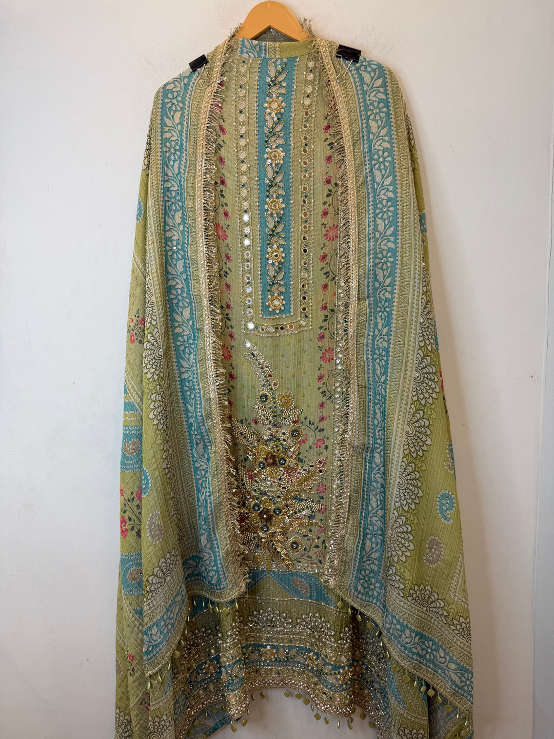 Zaylee – Greenish Crushed Tissue Mirror Handwork Suit