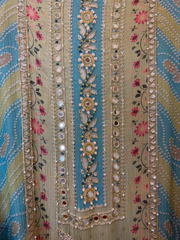 Zaylee – Greenish Crushed Tissue Mirror Handwork Suit