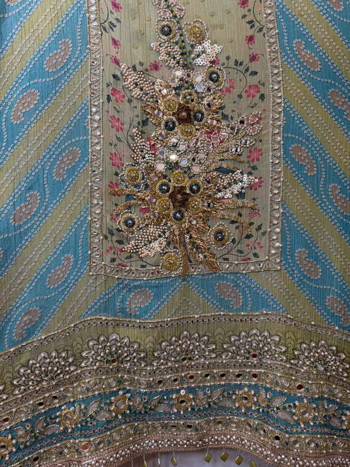 Zaylee – Greenish Crushed Tissue Mirror Handwork Suit