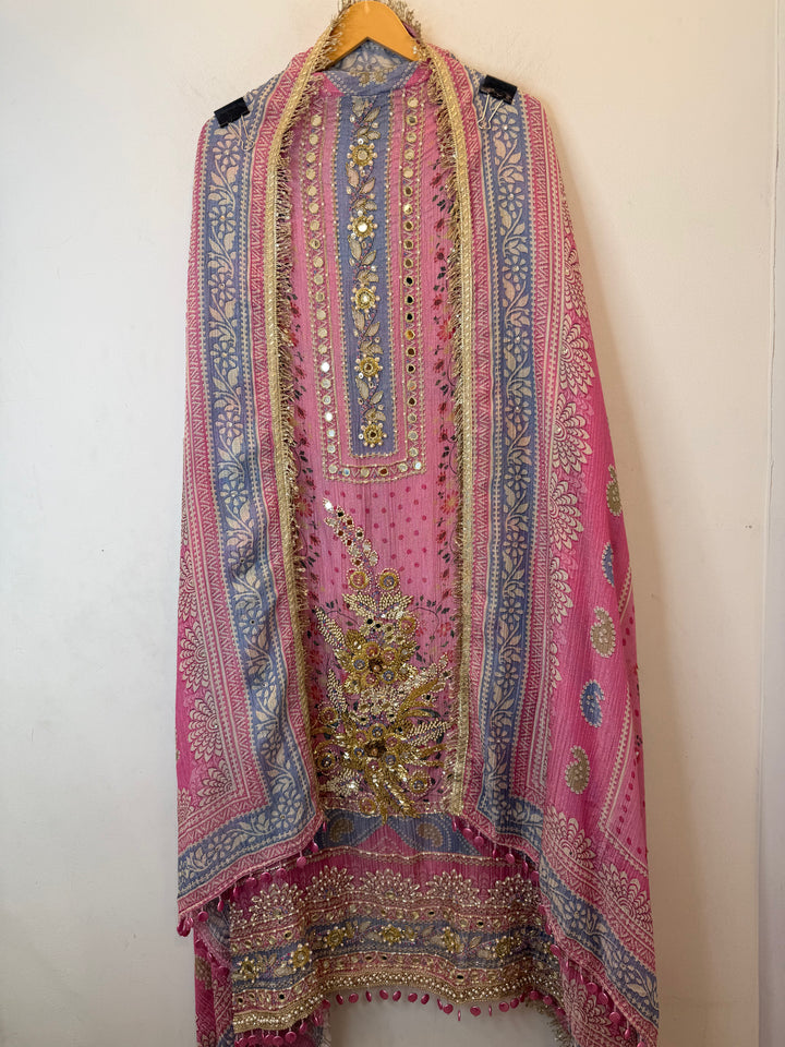 Zaylee – Pink Crushed Tissue Mirror Handwork Suit