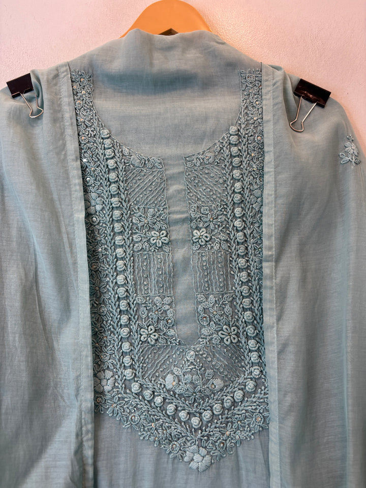 Meher – Ice Blue Mul Chanderi Embroidered Suit