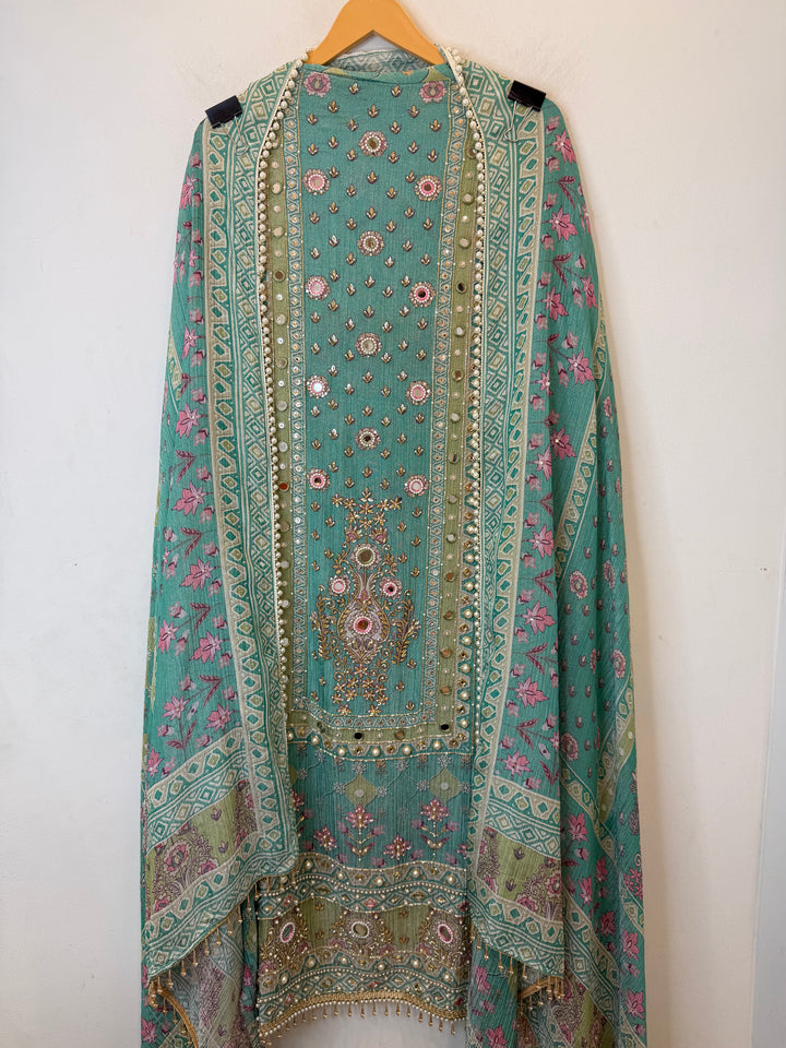 Zareva – Greenish Crushed Tissue Pearl Handwork Suit