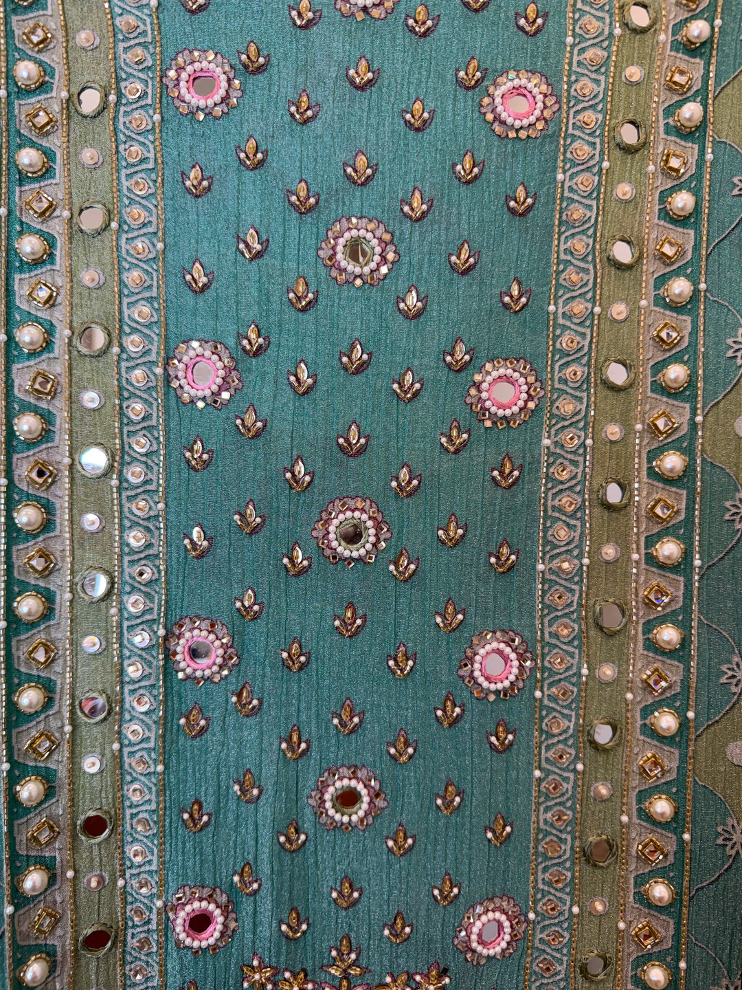 Zareva – Greenish Crushed Tissue Pearl Handwork Suit