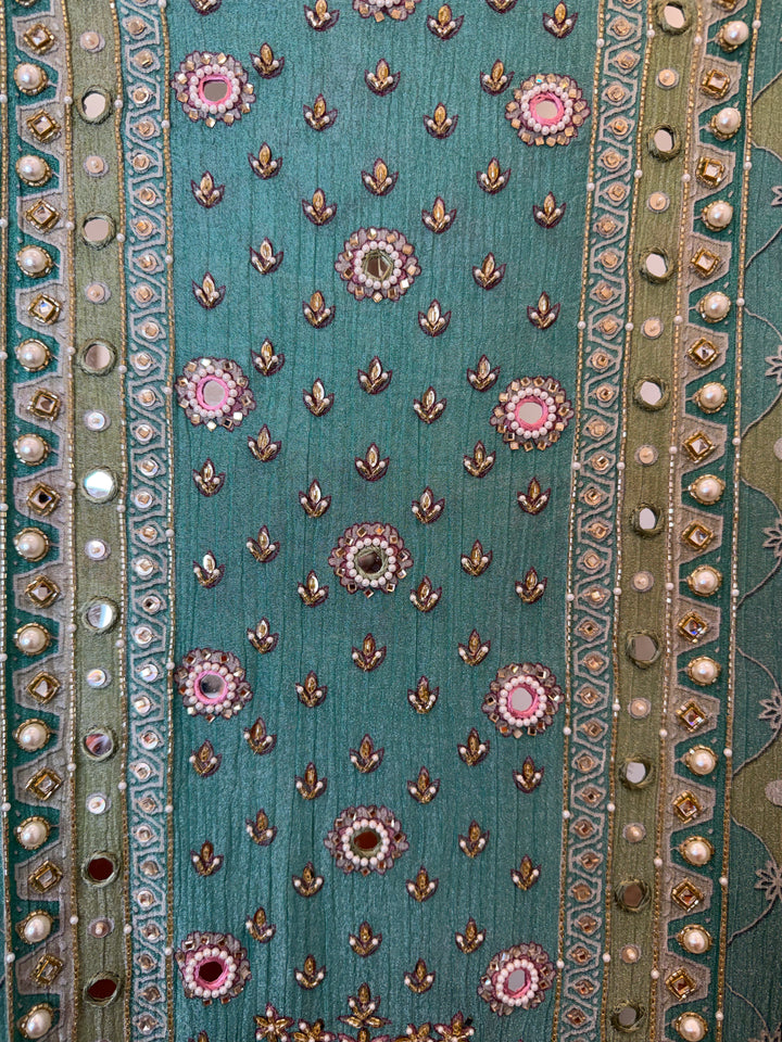 Zareva – Greenish Crushed Tissue Pearl Handwork Suit