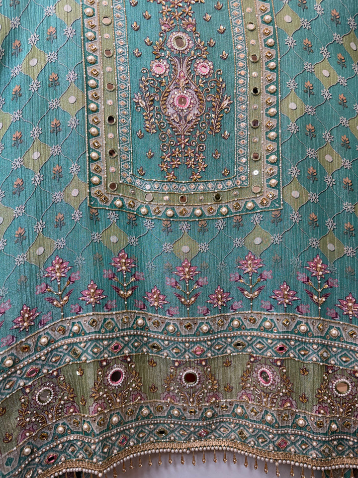 Zareva – Greenish Crushed Tissue Pearl Handwork Suit