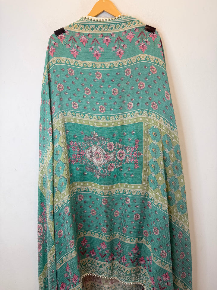 Zareva – Greenish Crushed Tissue Pearl Handwork Suit