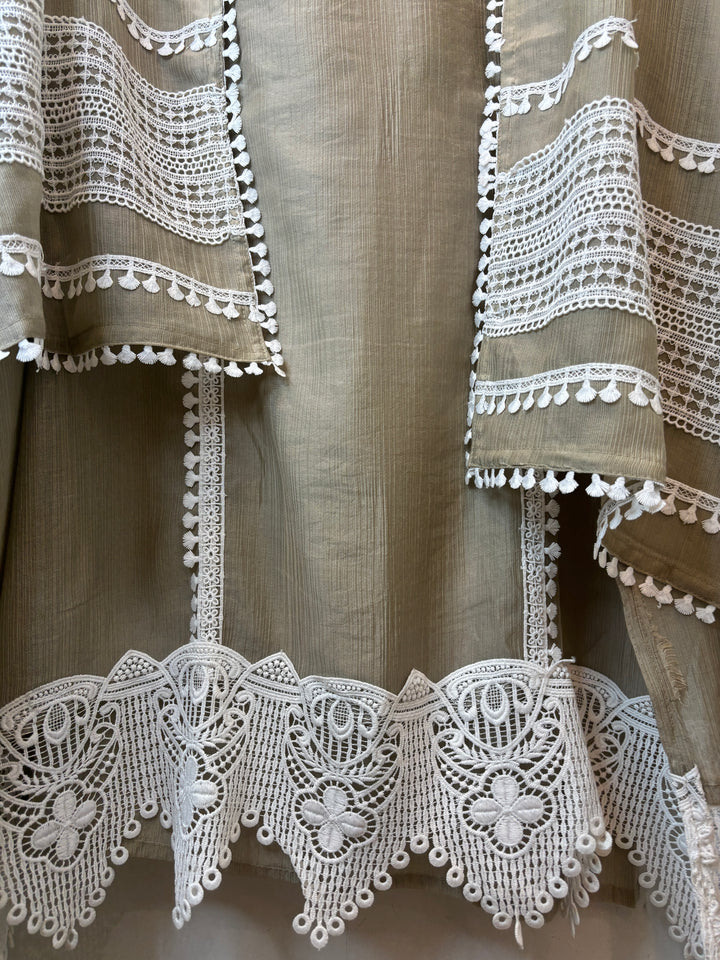Mehrunisa – Taupe Beige Crush Mul Lace Detailed Suit