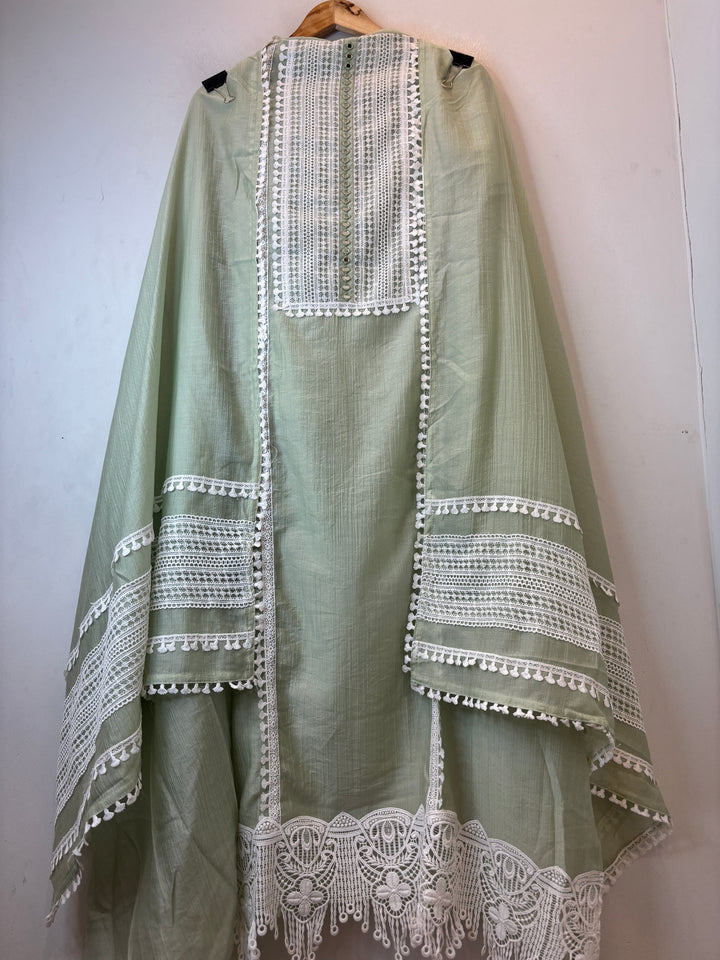Mehrunisa – Sage Green Crush Mul Lace Detailed Suit