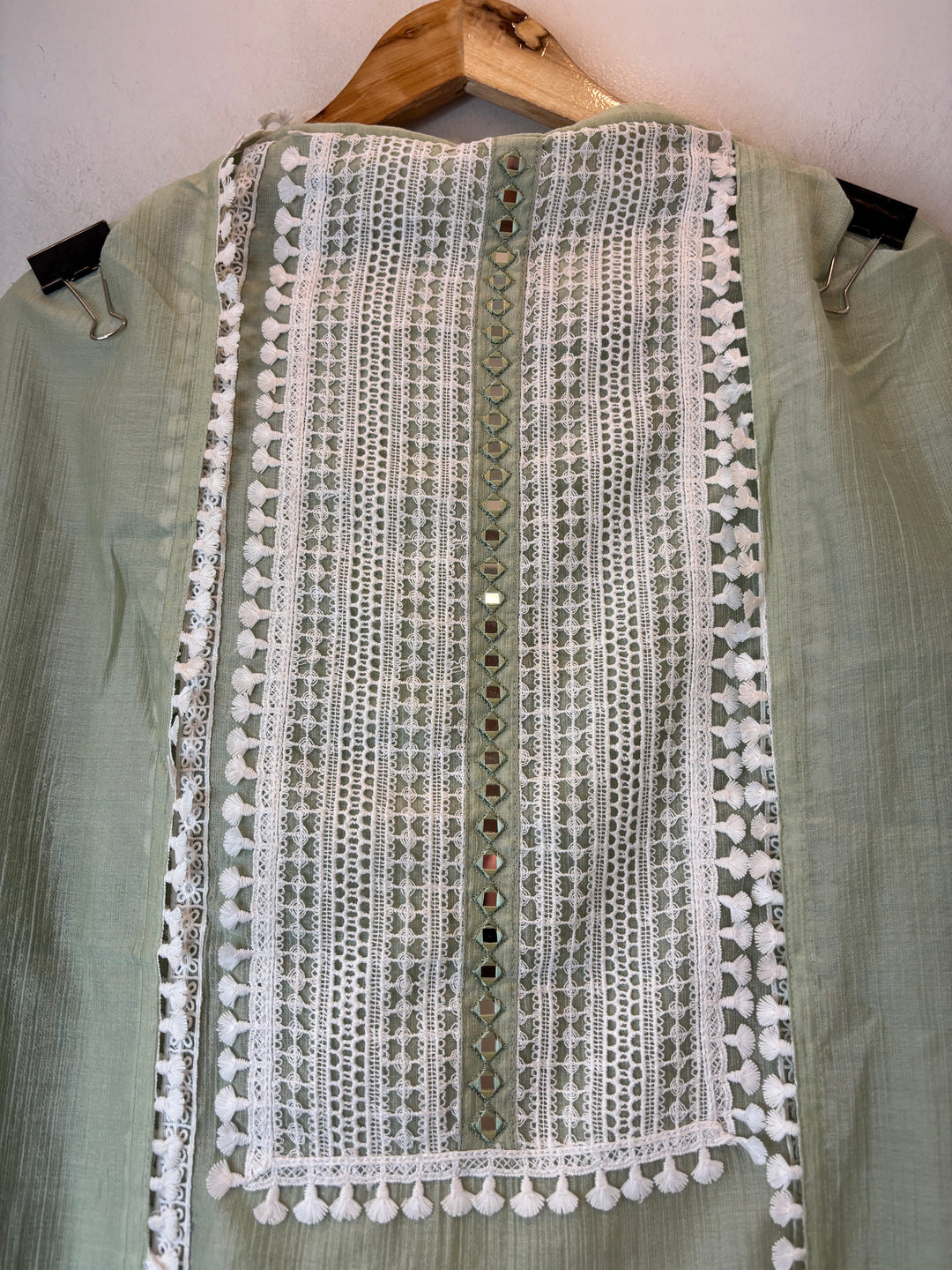 Mehrunisa – Sage Green Crush Mul Lace Detailed Suit