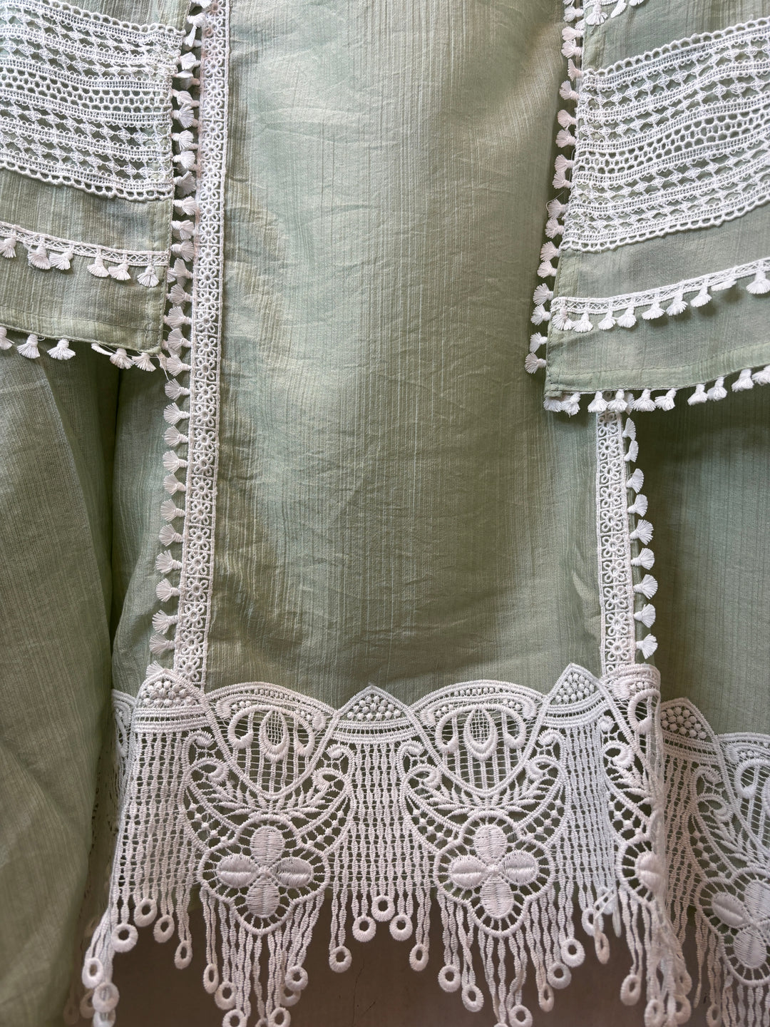 Mehrunisa – Sage Green Crush Mul Lace Detailed Suit